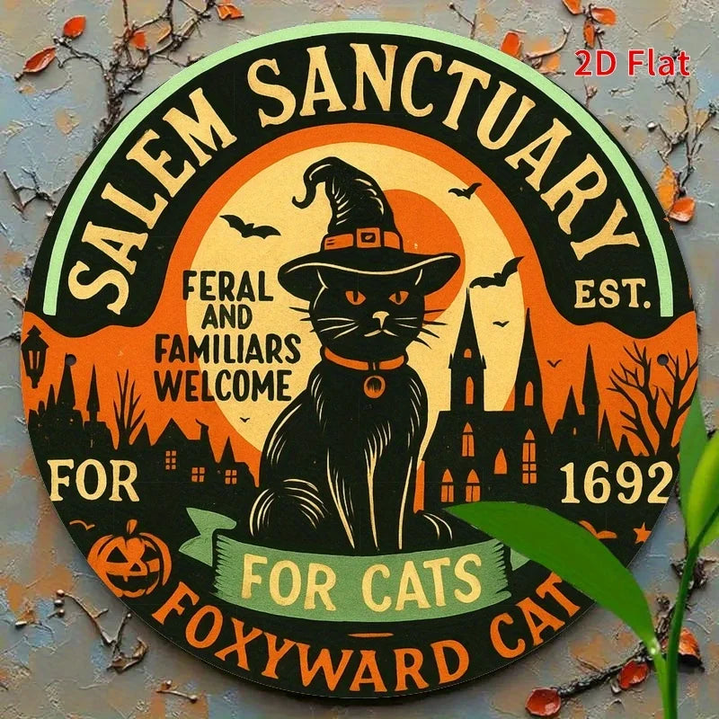 Salem Sanctuary Metal Wall Sign – Round 2D Flat Aluminum Holiday Vintage Sign