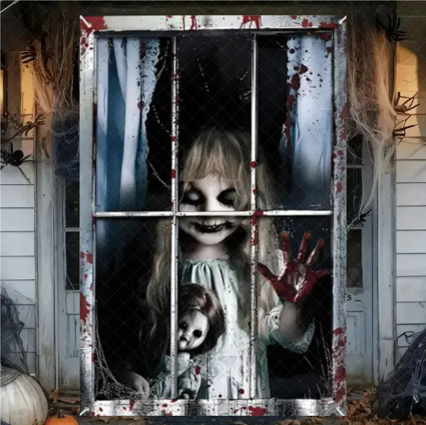 Horror Halloween Party Backdrop Banner – Witch, Zombie & Ghost Design Vinyl Door & Window Hanging Decoration