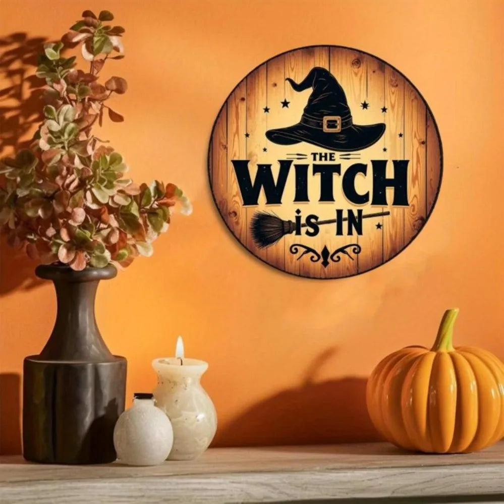 “Witch Is Coming” Halloween Metal Vintage Wall Sign – Rustic Aluminum Witch Hat & Broom Design