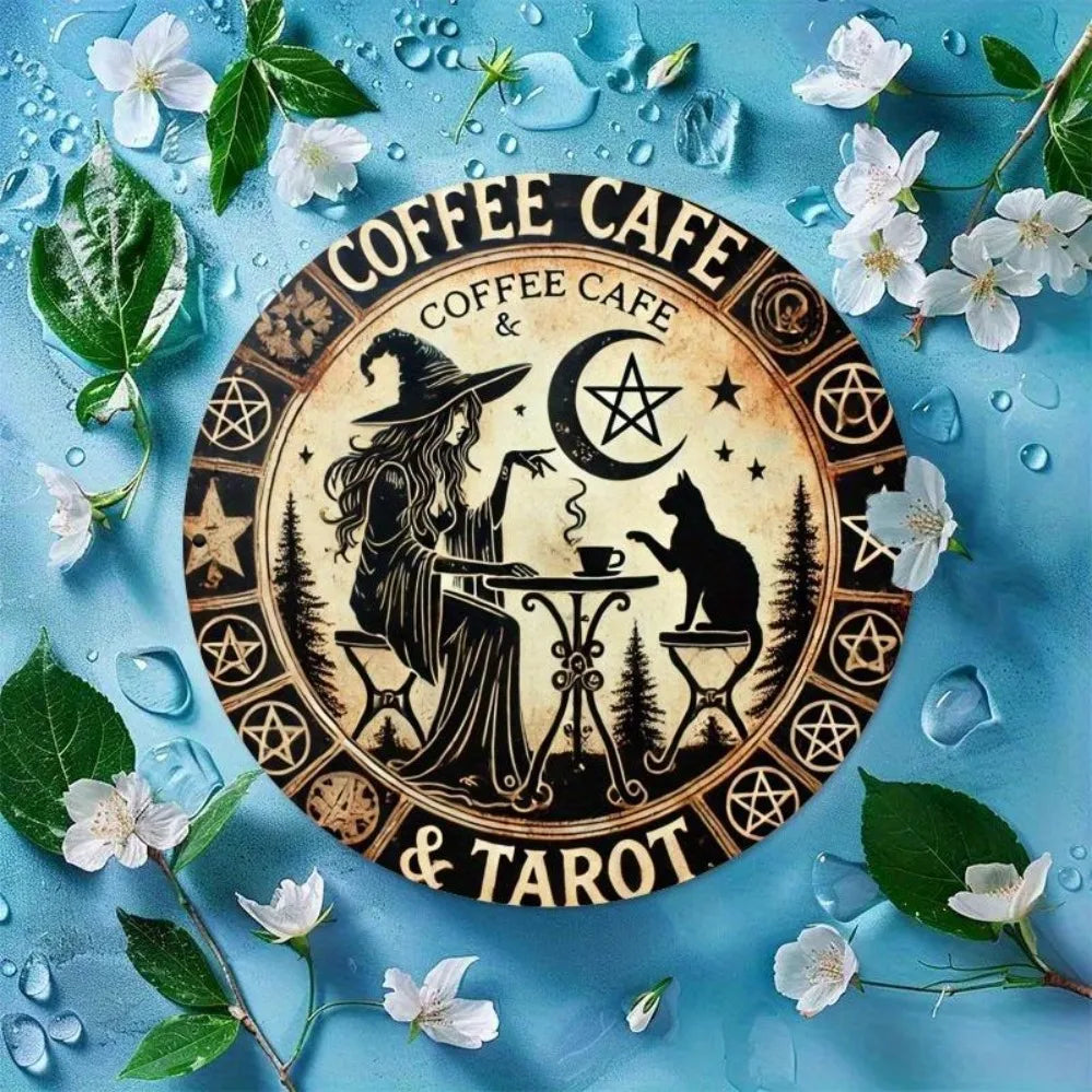 Witchy Coffee Tarot Metal Wall Sign – Waterproof Vintage Aluminum Décor with Witch, Cat, Pentagram & Crescent Moon Design