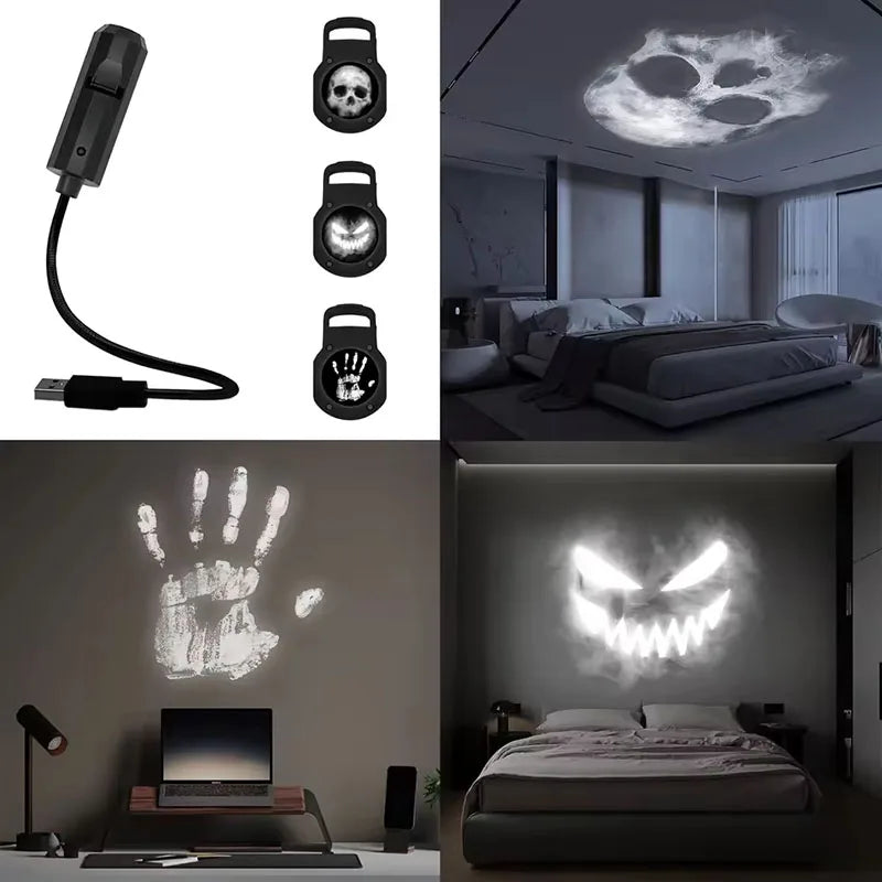 Halloween USB Projector Light Skull NightLight Ghost LED Lamp 360Degree Rotating Switchable Pattern Design Dark & Night Ambiance