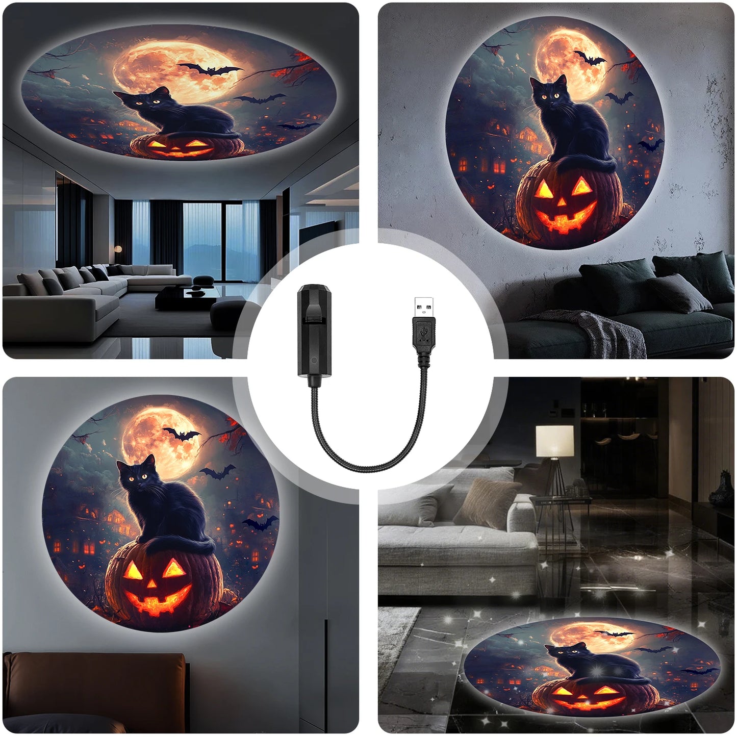 Moon Black Cat Light Projector Lamp – 360° Rotatable USB-Powered Halloween Night Light