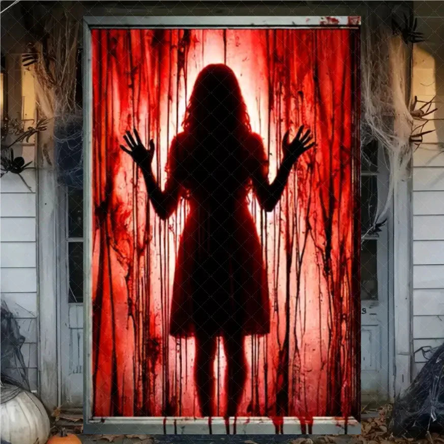 Horror Halloween Party Backdrop Banner – Witch, Zombie & Ghost Design Vinyl Door & Window Hanging Decoration