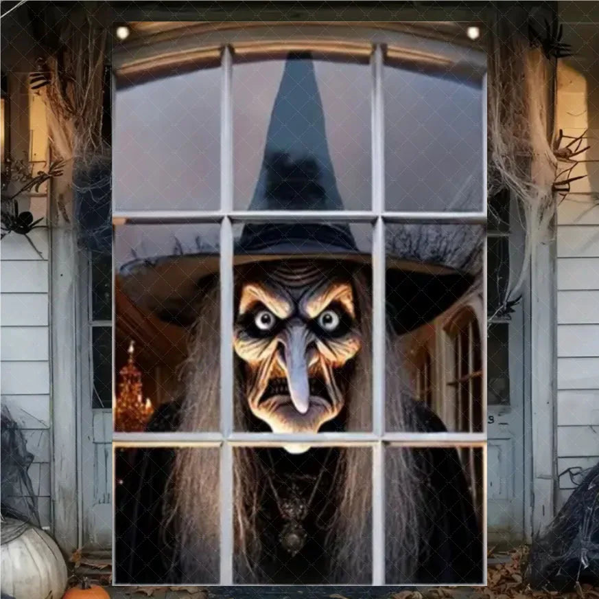 Horror Halloween Party Backdrop Banner – Witch, Zombie & Ghost Design Vinyl Door & Window Hanging Decoration