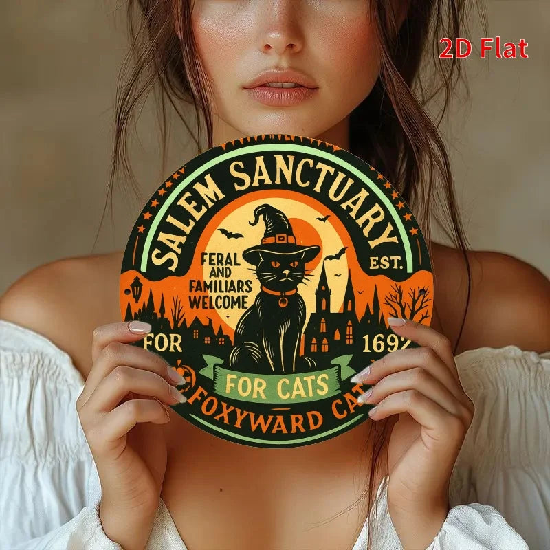 Salem Sanctuary Metal Wall Sign – Round 2D Flat Aluminum Holiday Vintage Sign