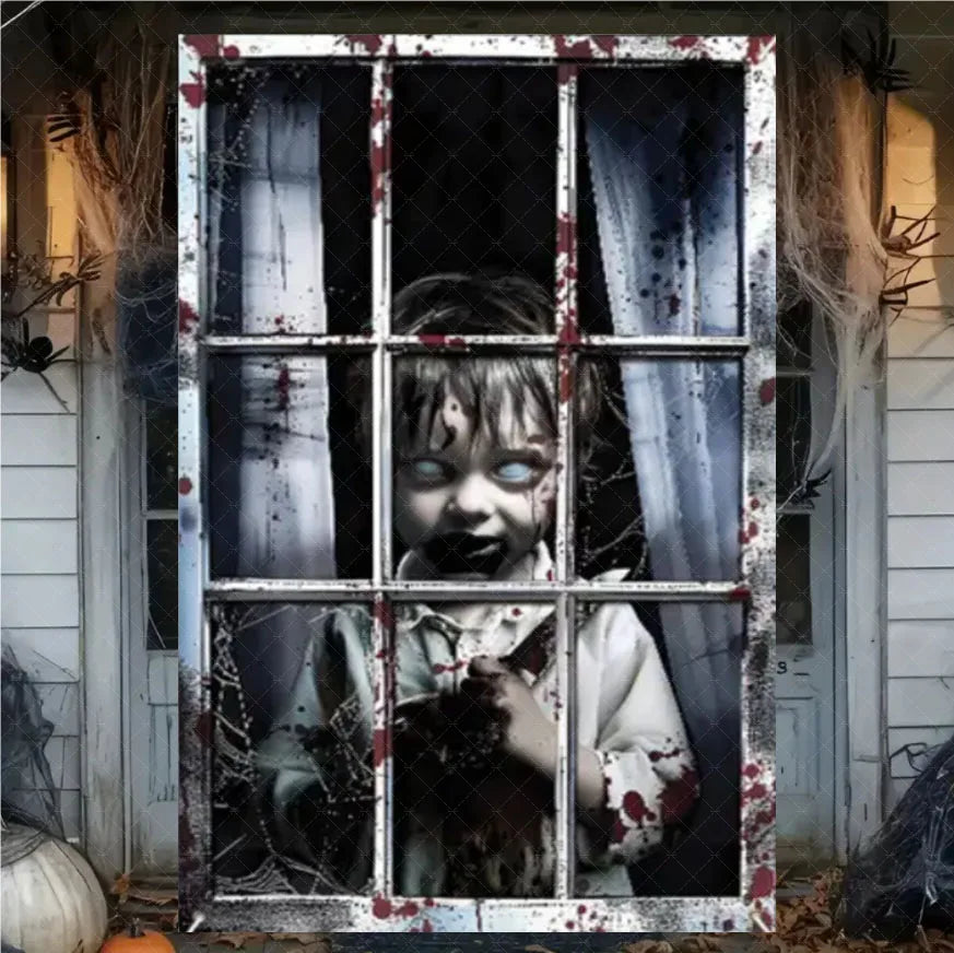 Horror Halloween Party Backdrop Banner – Witch, Zombie & Ghost Design Vinyl Door & Window Hanging Decoration