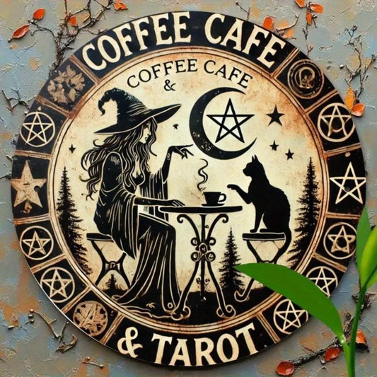Witchy Coffee Tarot Metal Wall Sign – Waterproof Vintage Aluminum Décor with Witch, Cat, Pentagram & Crescent Moon Design