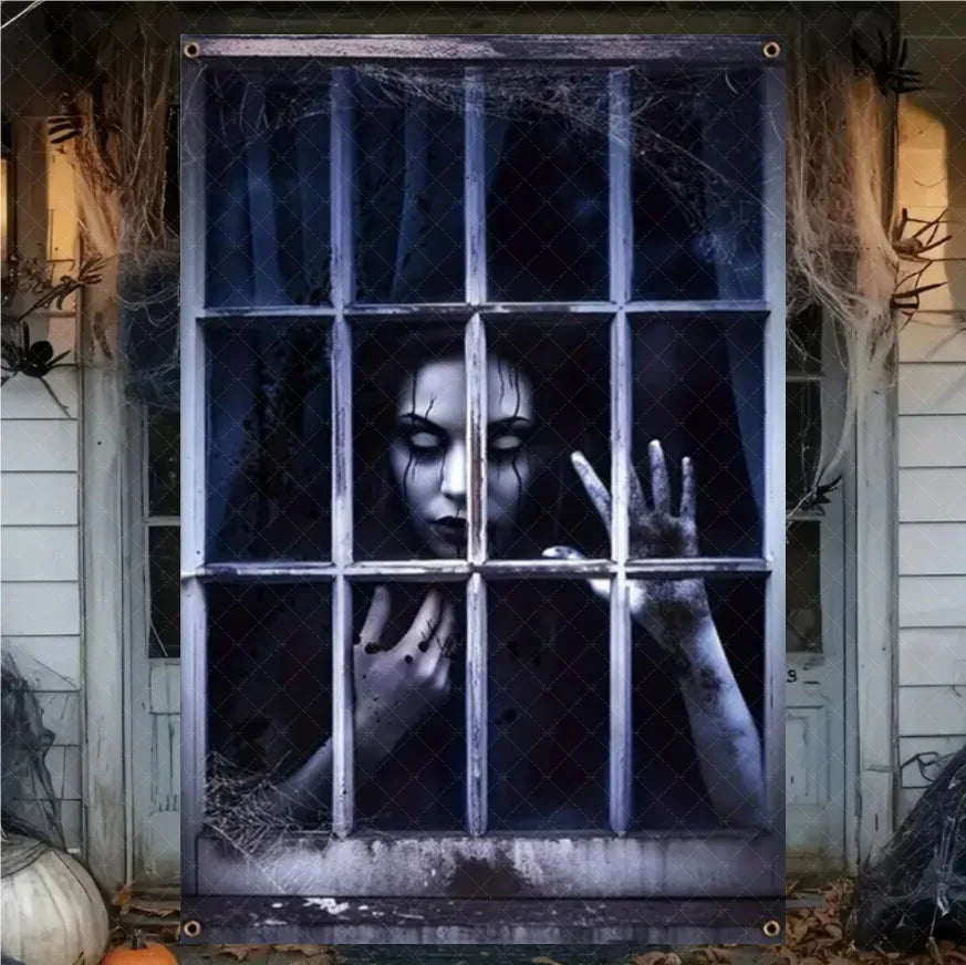 Horror Halloween Party Backdrop Banner – Witch, Zombie & Ghost Design Vinyl Door & Window Hanging Decoration