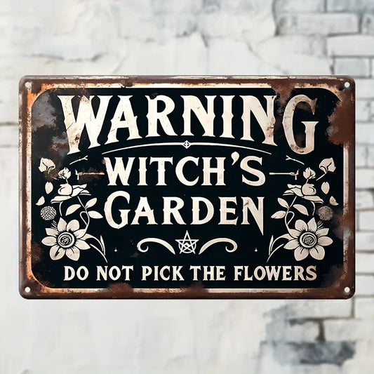 Vintage Witch Garden Sign – “Do Not Pick Flowers” Funny Metal Wall Décor for Halloween