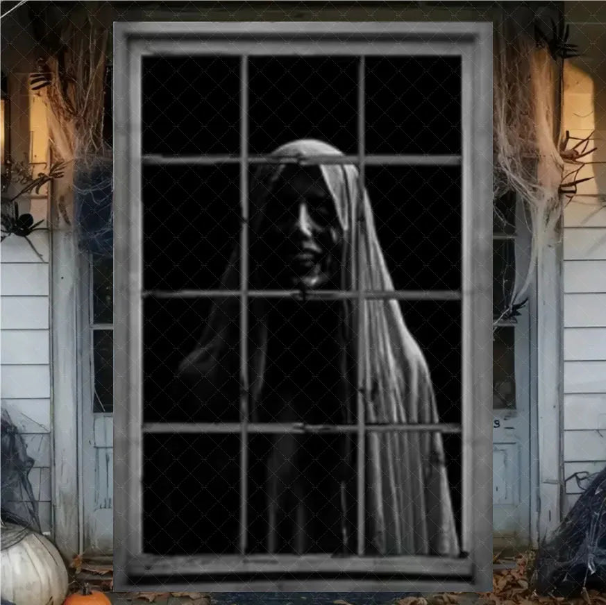 Horror Halloween Party Backdrop Banner – Witch, Zombie & Ghost Design Vinyl Door & Window Hanging Decoration