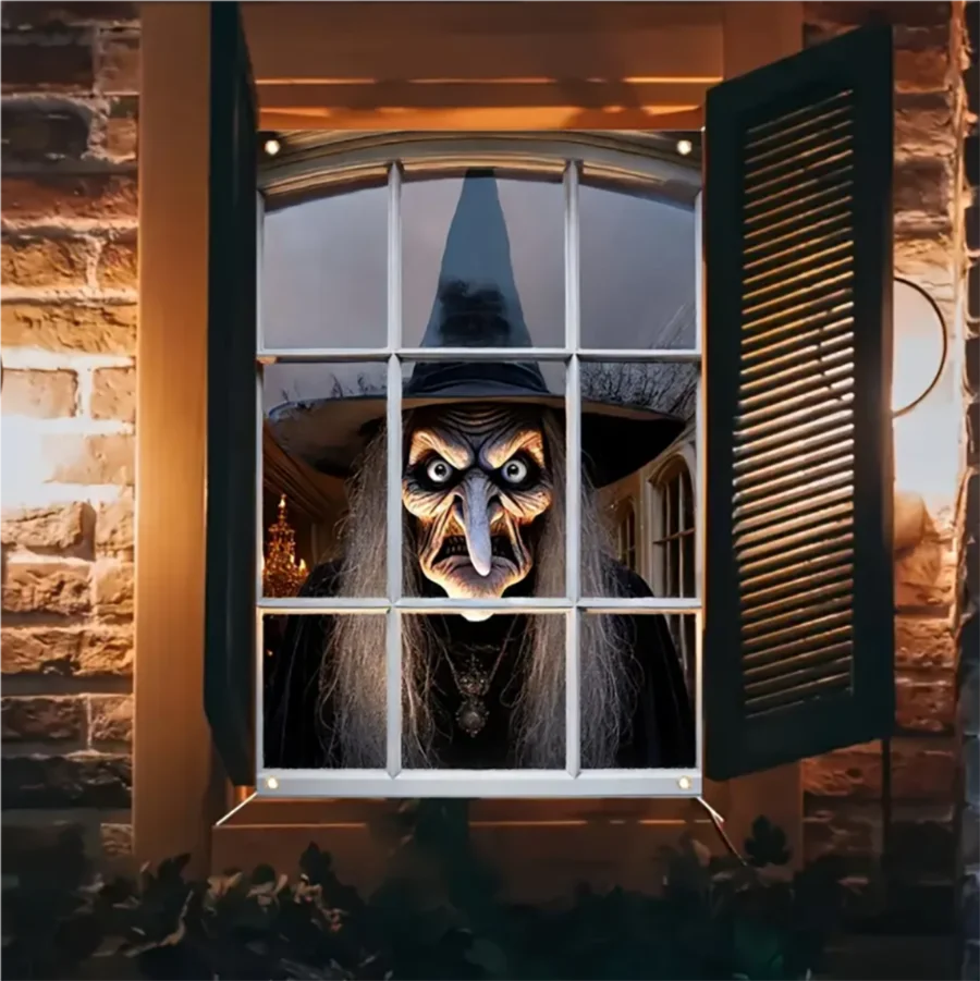 Horror Halloween Party Backdrop Banner – Witch, Zombie & Ghost Design Vinyl Door & Window Hanging Decoration