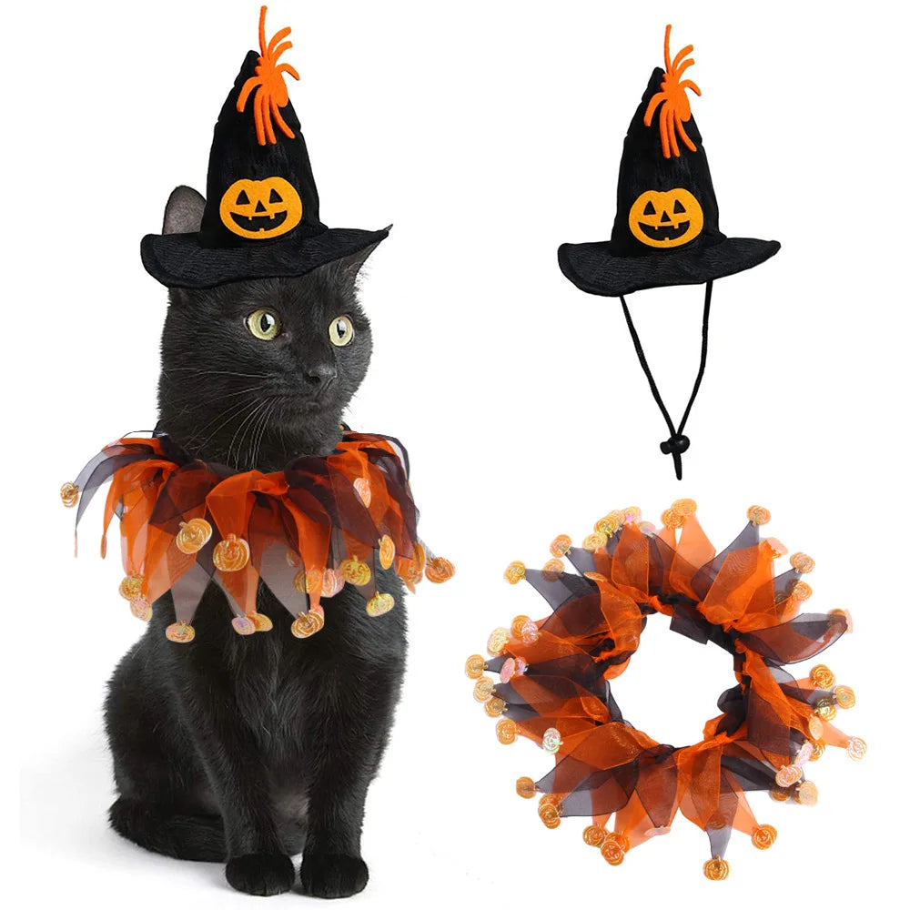 1 Set Halloween Christmas Set Cat Costumes Pumpkin Cute Cat Hat Scarf Clothes for Small Dogs Pet Cosplay Prop