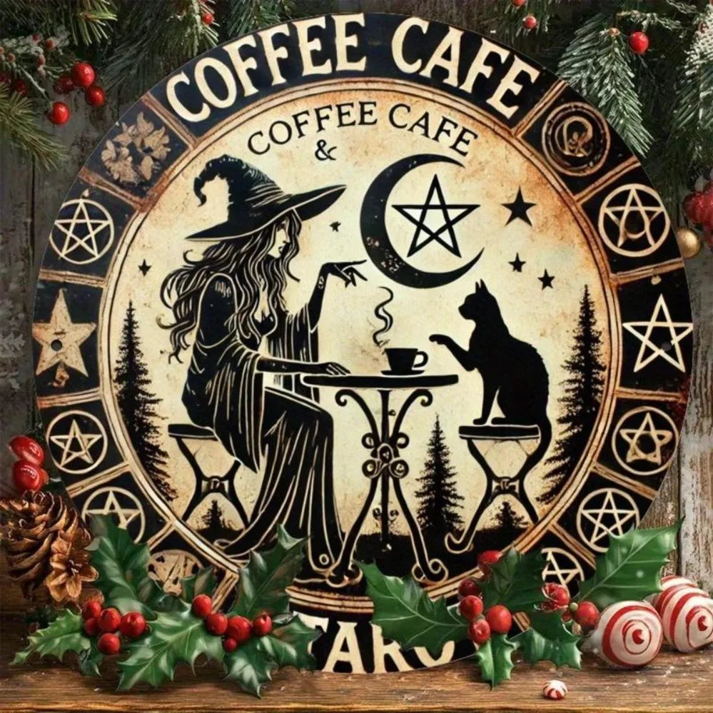Witchy Coffee Tarot Metal Wall Sign – Waterproof Vintage Aluminum Décor with Witch, Cat, Pentagram & Crescent Moon Design
