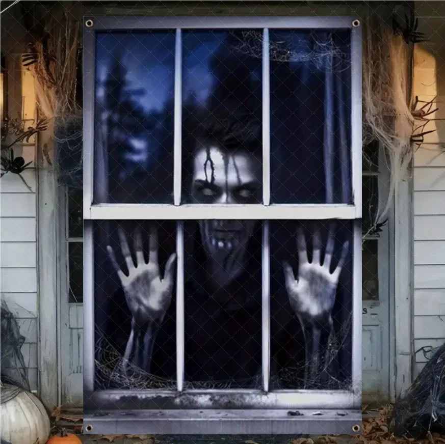 Horror Halloween Party Backdrop Banner – Witch, Zombie & Ghost Design Vinyl Door & Window Hanging Decoration