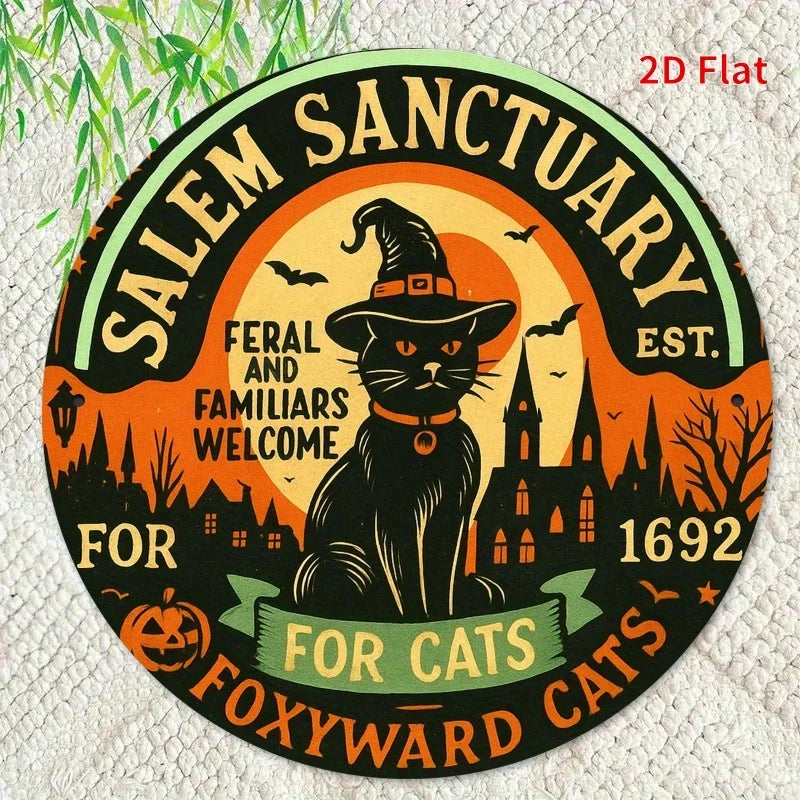 Salem Sanctuary Metal Wall Sign – Round 2D Flat Aluminum Holiday Vintage Sign