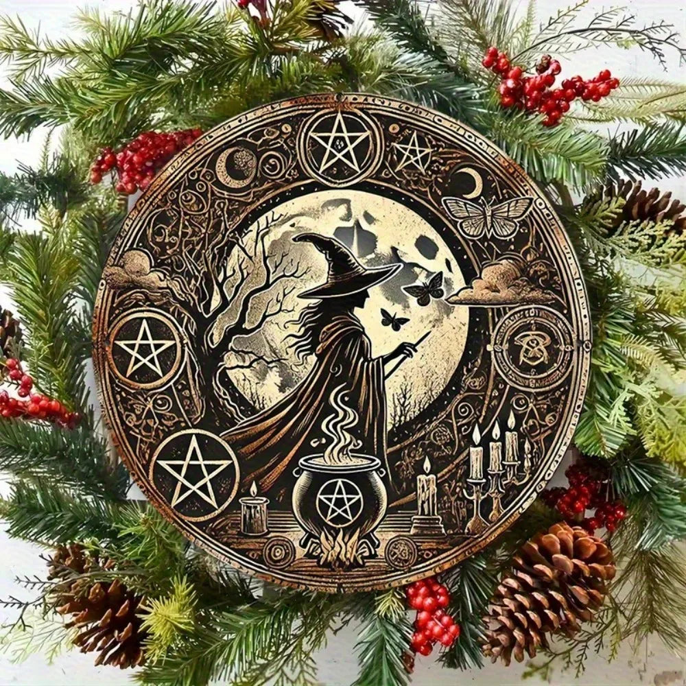 WitchCraft Retro Aluminum Wall Art – Round Witch & Cauldron Metal Vintage Halloween Sign