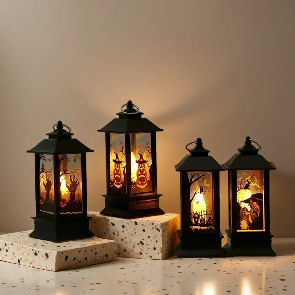 LED Pumpkin Ghost Lantern - Halloween Hanging Decor with Flickering Candlelight, Spooky Witch Castle Party Supplies