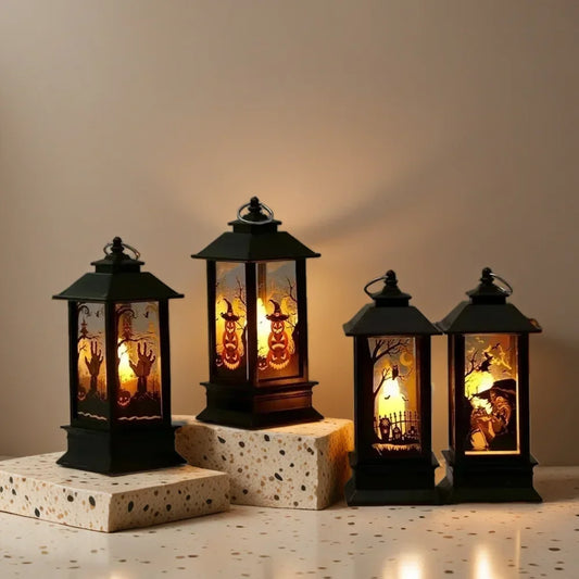 LED Pumpkin Ghost Lantern - Halloween Hanging Decor with Flickering Candlelight, Spooky Witch Castle Party Supplies