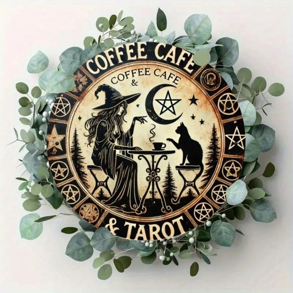 Witchy Coffee Tarot Metal Wall Sign – Waterproof Vintage Aluminum Décor with Witch, Cat, Pentagram & Crescent Moon Design