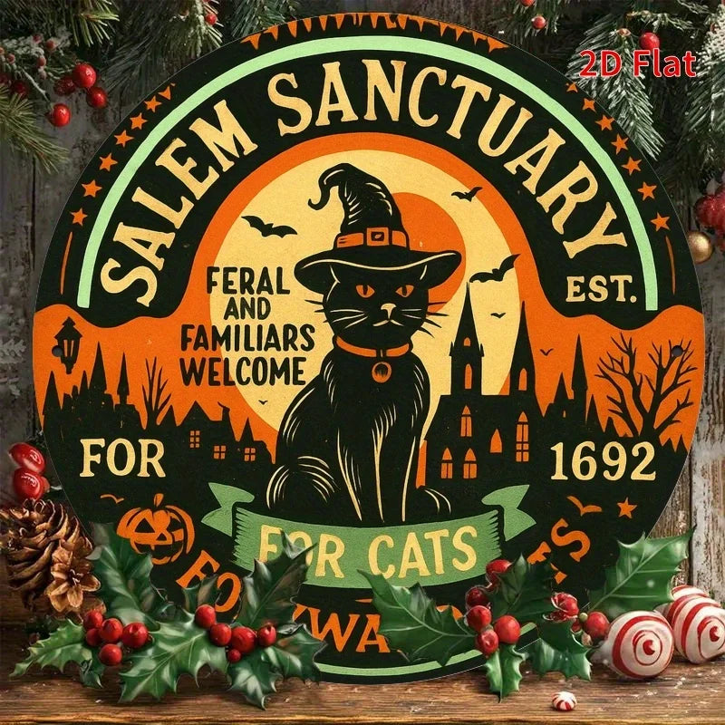 Salem Sanctuary Metal Wall Sign – Round 2D Flat Aluminum Holiday Vintage Sign
