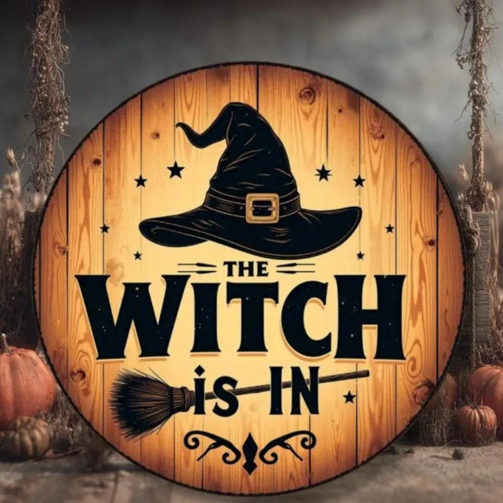 “Witch Is Coming” Halloween Metal Vintage Wall Sign – Rustic Aluminum Witch Hat & Broom Design