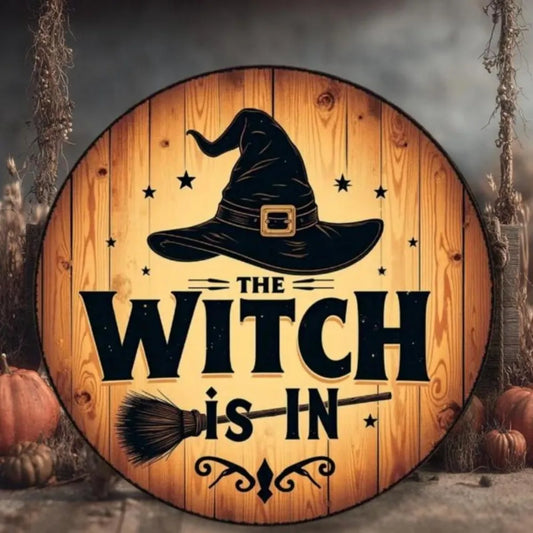 “Witch Is Coming” Halloween Metal Vintage Wall Sign – Rustic Aluminum Witch Hat & Broom Design