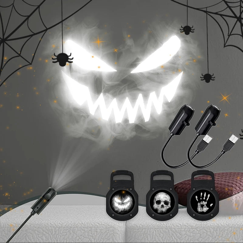 Halloween USB Projector Light Skull NightLight Ghost LED Lamp 360Degree Rotating Switchable Pattern Design Dark & Night Ambiance