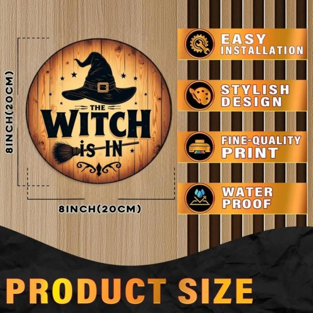 “Witch Is Coming” Halloween Metal Vintage Wall Sign – Rustic Aluminum Witch Hat & Broom Design