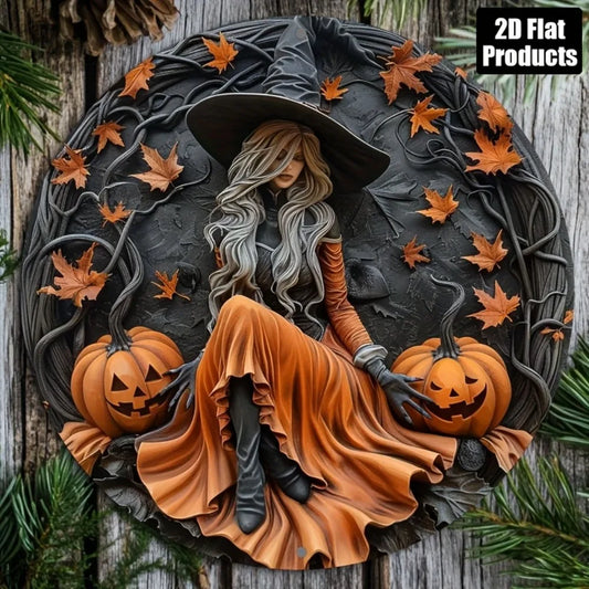 Halloween Witch Vintage Metal Sign – 8x8" Rustic Aluminum Wall Art with Black Hat & Pumpkins