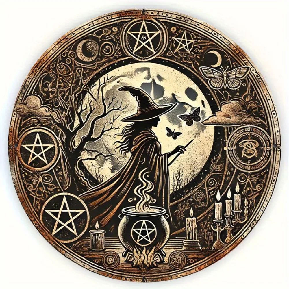 WitchCraft Retro Aluminum Wall Art – Round Witch & Cauldron Metal Vintage Halloween Sign