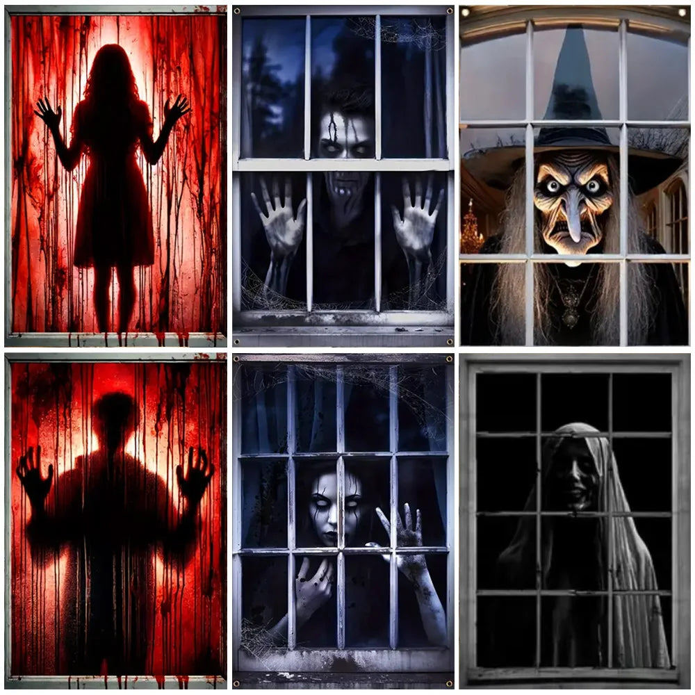 Horror Halloween Party Backdrop Banner – Witch, Zombie & Ghost Design Vinyl Door & Window Hanging Decoration
