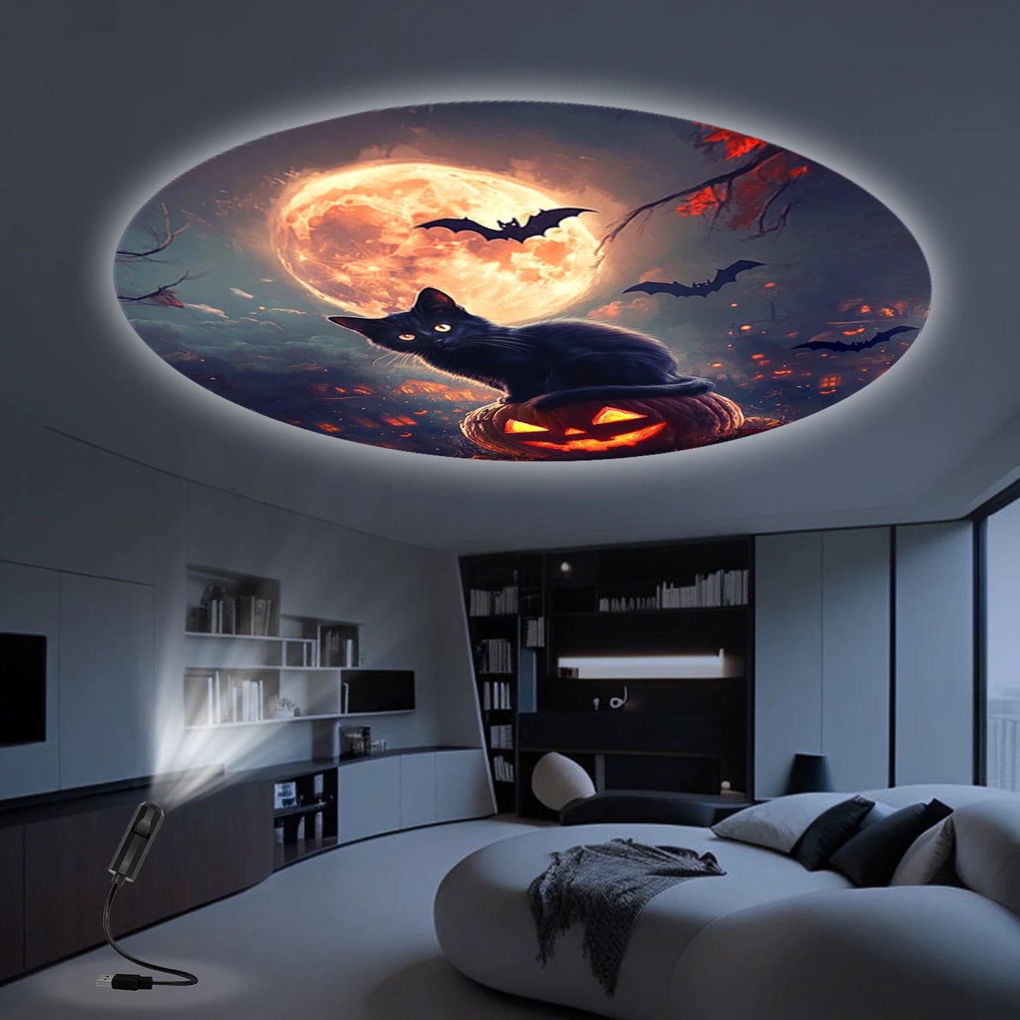 Moon Black Cat Light Projector Lamp – 360° Rotatable USB-Powered Halloween Night Light