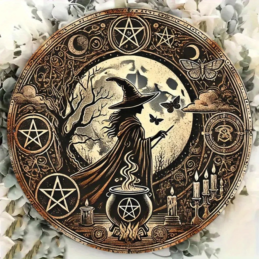 WitchCraft Retro Aluminum Wall Art – Round Witch & Cauldron Metal Vintage Halloween Sign