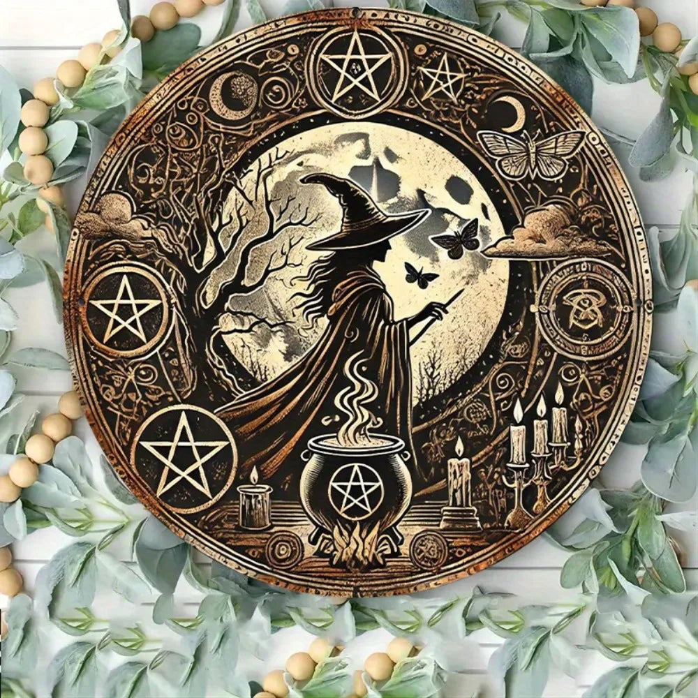 WitchCraft Retro Aluminum Wall Art – Round Witch & Cauldron Metal Vintage Halloween Sign