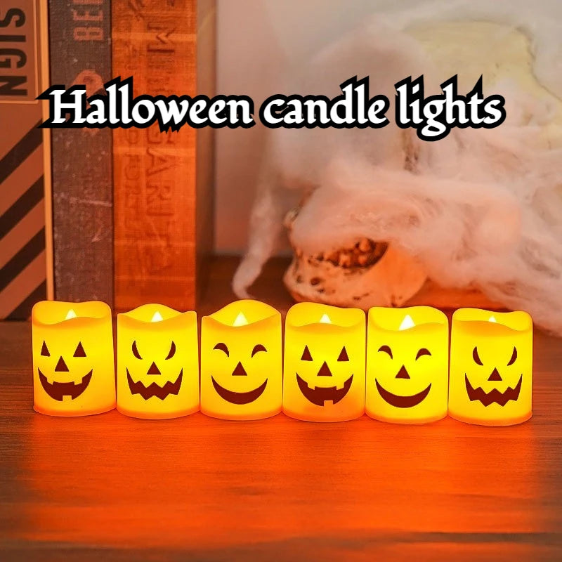 6Pcs LED Candle Light Battery Powered Pumpkin Skull Ghost Spooky Light Halloween Party Decora Ambiance Electronic Candle Lights