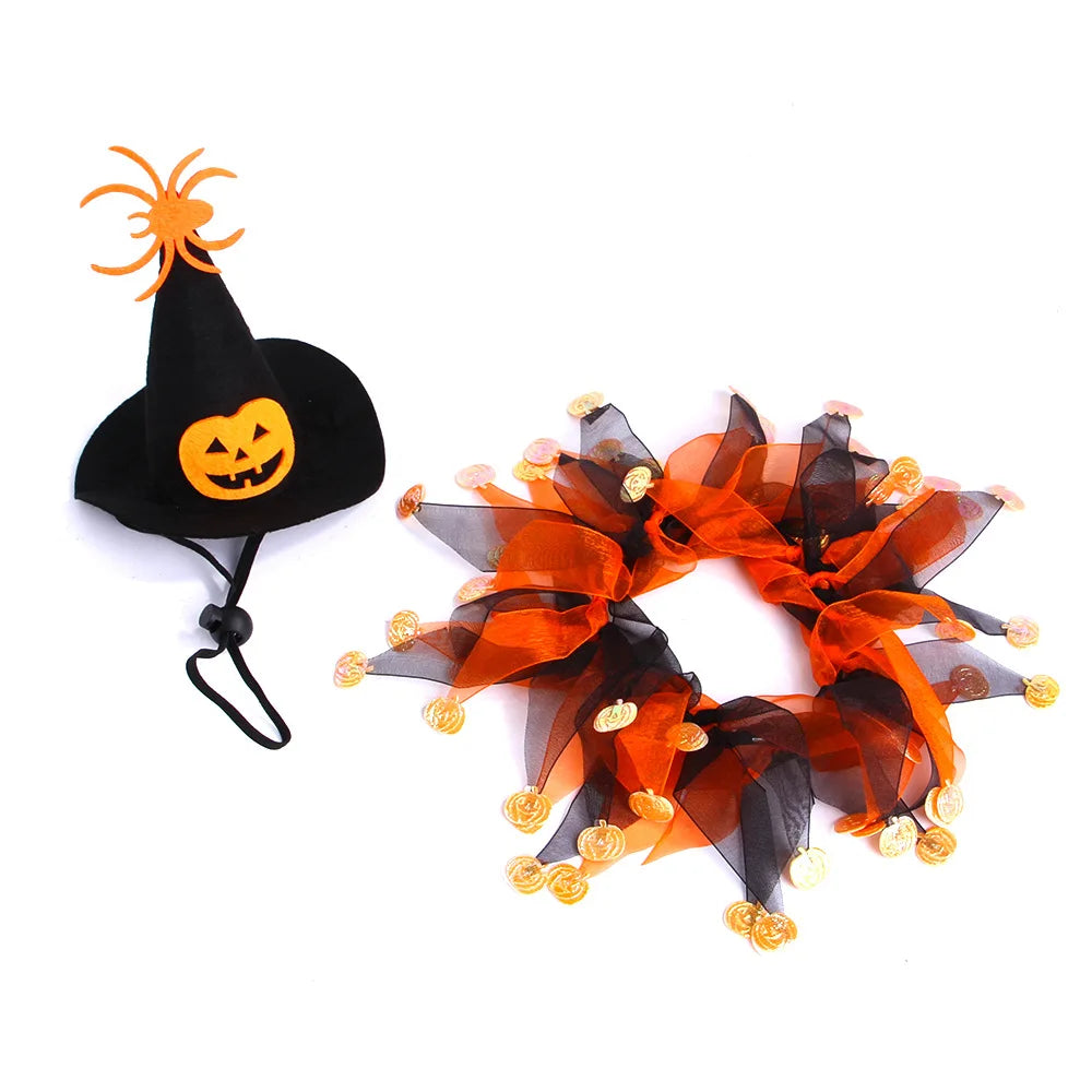 1 Set Halloween Christmas Set Cat Costumes Pumpkin Cute Cat Hat Scarf Clothes for Small Dogs Pet Cosplay Prop