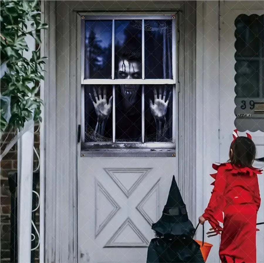 Horror Halloween Party Backdrop Banner – Witch, Zombie & Ghost Design Vinyl Door & Window Hanging Decoration