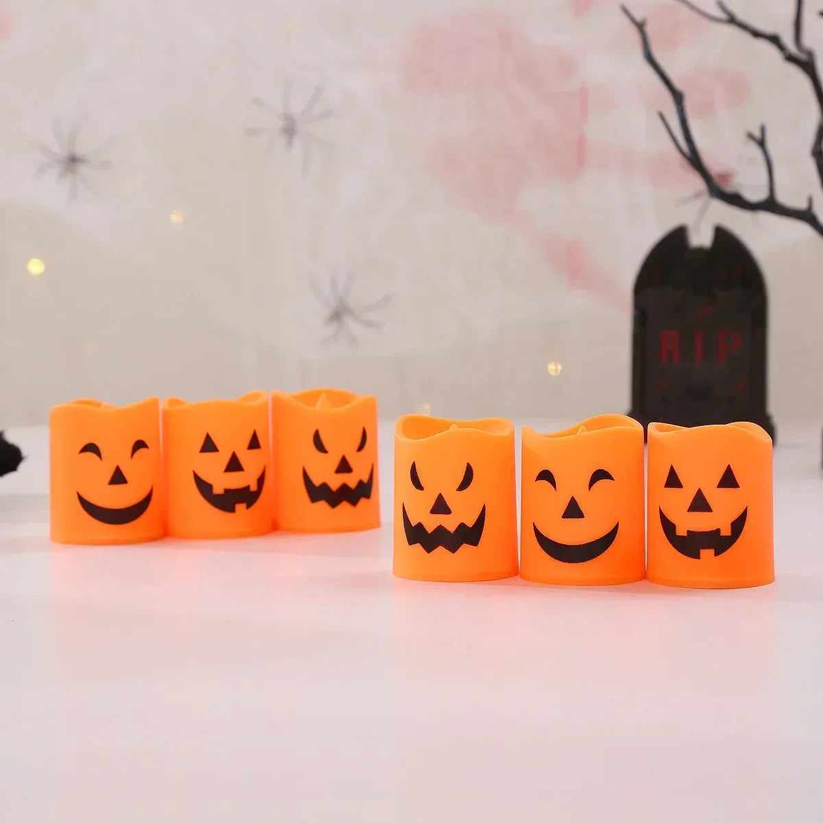 6Pcs LED Candle Light Battery Powered Pumpkin Skull Ghost Spooky Light Halloween Party Decora Ambiance Electronic Candle Lights