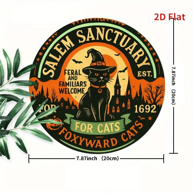 Salem Sanctuary Metal Wall Sign – Round 2D Flat Aluminum Holiday Vintage Sign