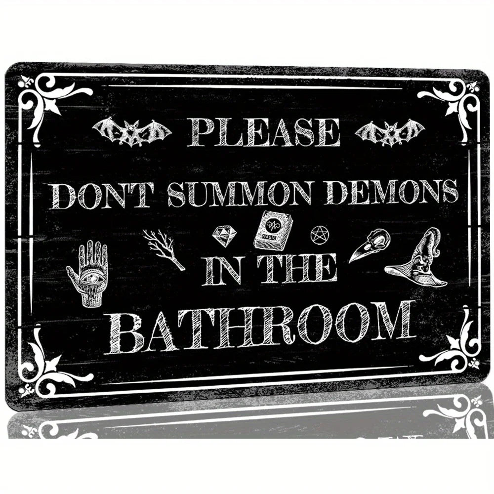 Vintage Gothic Metal Sign - "Please Do Not Summon the Devil in the Bathroom" - Multi-Purpose, Electricity-Free