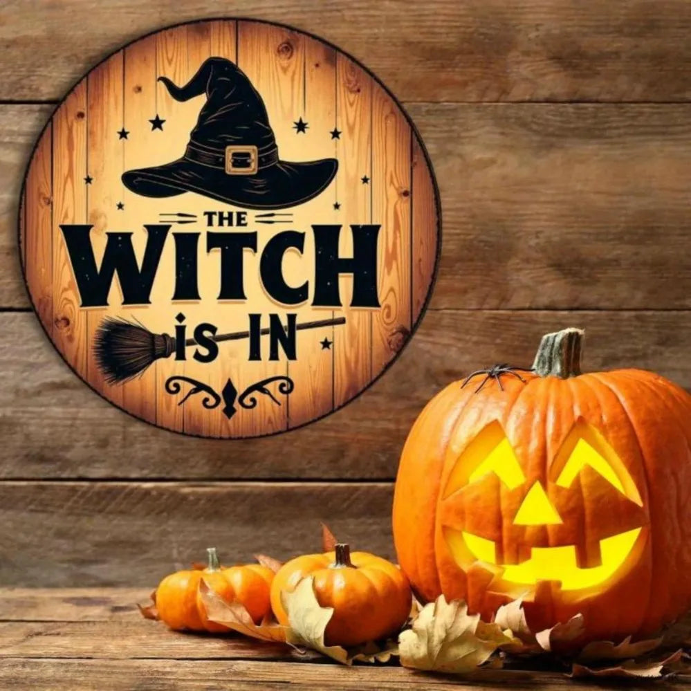 “Witch Is Coming” Halloween Metal Vintage Wall Sign – Rustic Aluminum Witch Hat & Broom Design