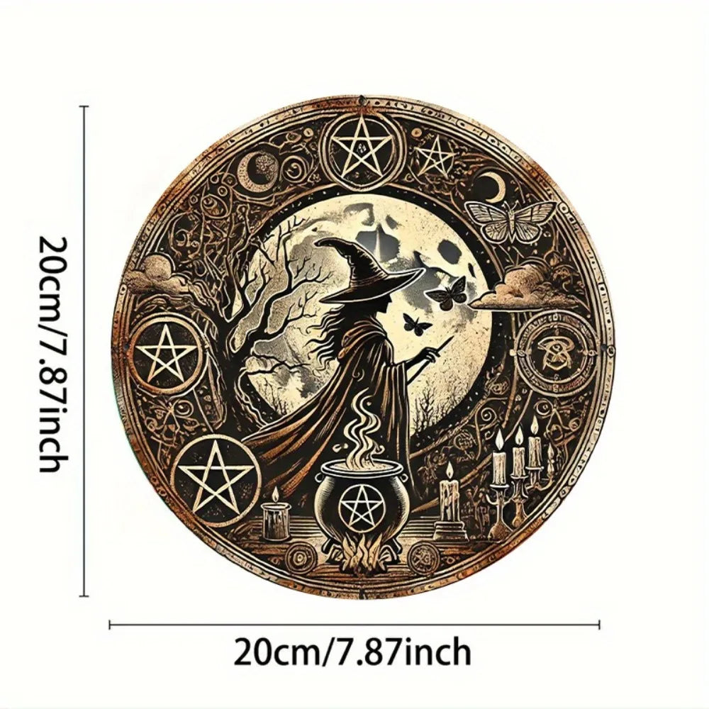 WitchCraft Retro Aluminum Wall Art – Round Witch & Cauldron Metal Vintage Halloween Sign