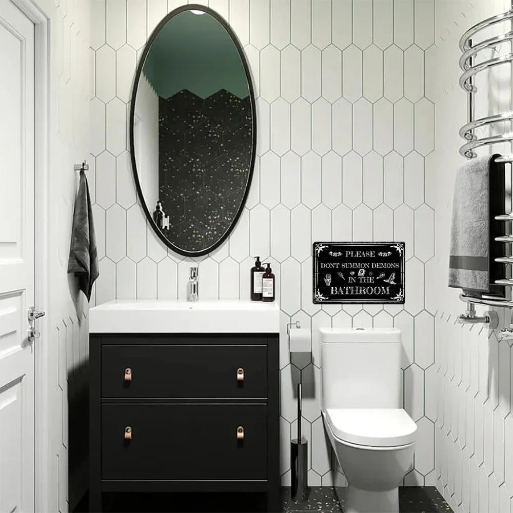 Vintage Gothic Metal Sign - "Please Do Not Summon the Devil in the Bathroom" - Multi-Purpose, Electricity-Free