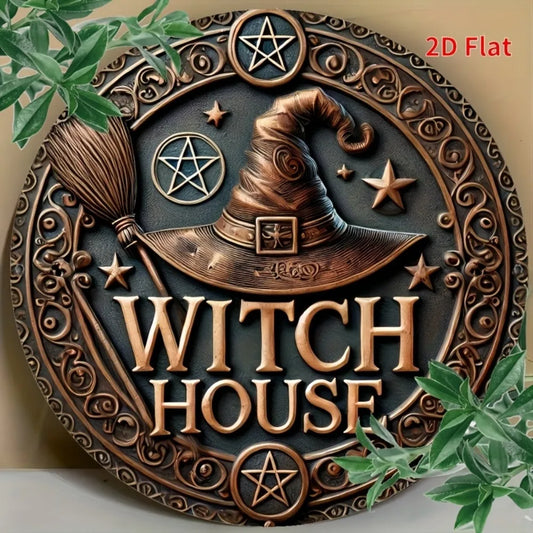 1pc 2D Vintage Witch House Metal Sign Circular Iron Wall Decor with Star Witch Hat Broom Design Halloween Decor for Home Garage