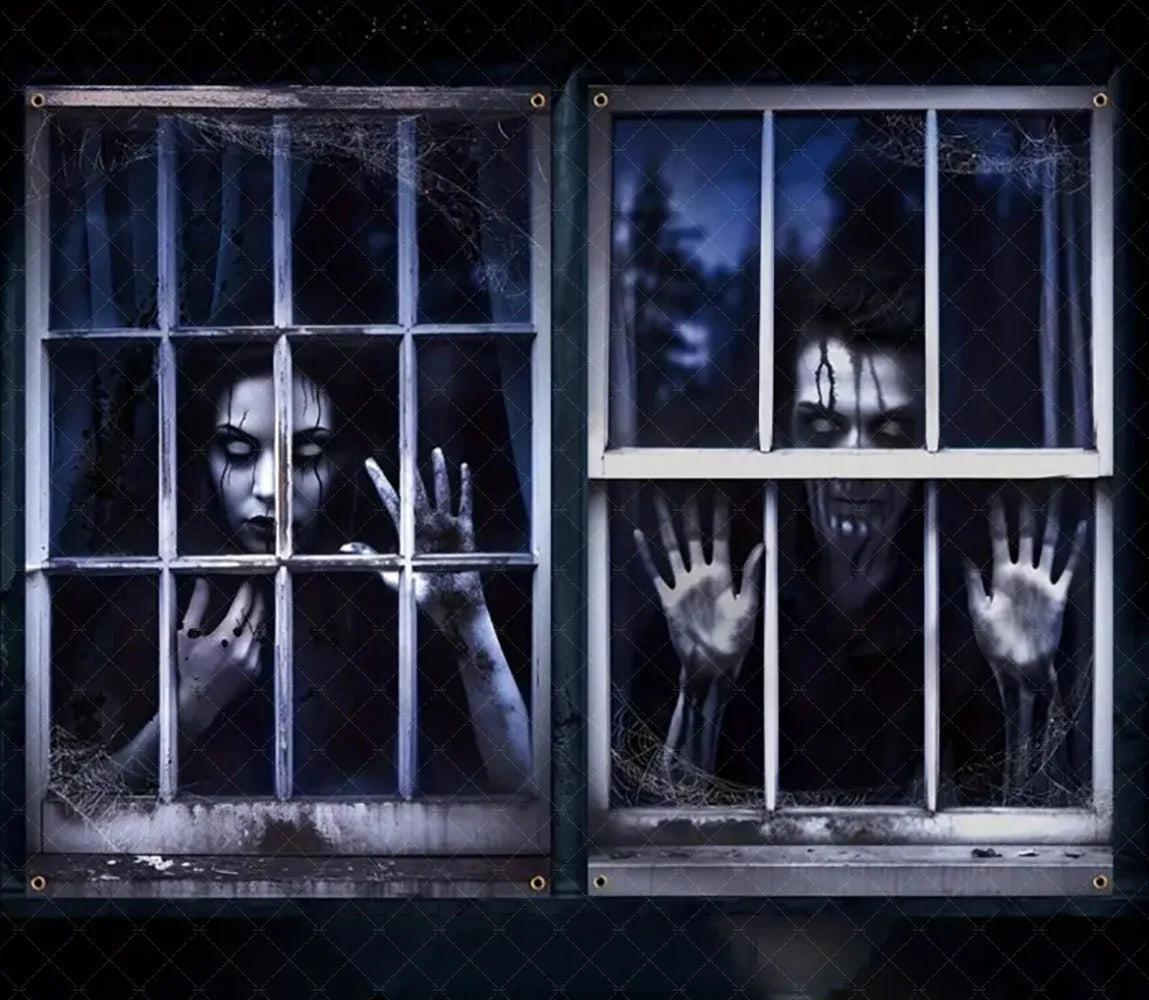Horror Halloween Party Backdrop Banner – Witch, Zombie & Ghost Design Vinyl Door & Window Hanging Decoration